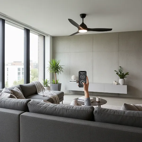 Person controlling a Haiku smart ceiling fan and integrated light with a smartphone in a modern home.