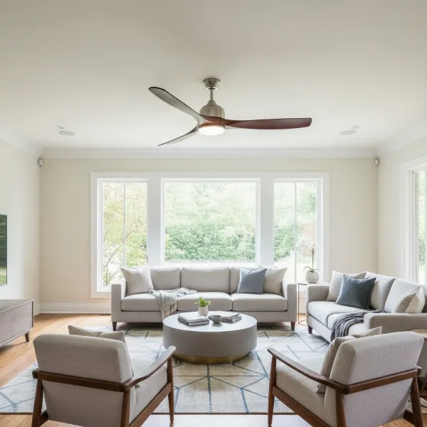 Elegant ceiling fan circulating air in a spacious living room, providing ambient cooling.
