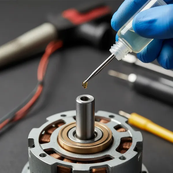 Close-up of a hand applying oil to an electric fan motor bearing with a fine-tipped oiler bottle.