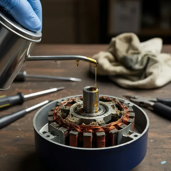 Applying lubricant to fan motor bearings with an oil can to free seized components and restore smooth rotation