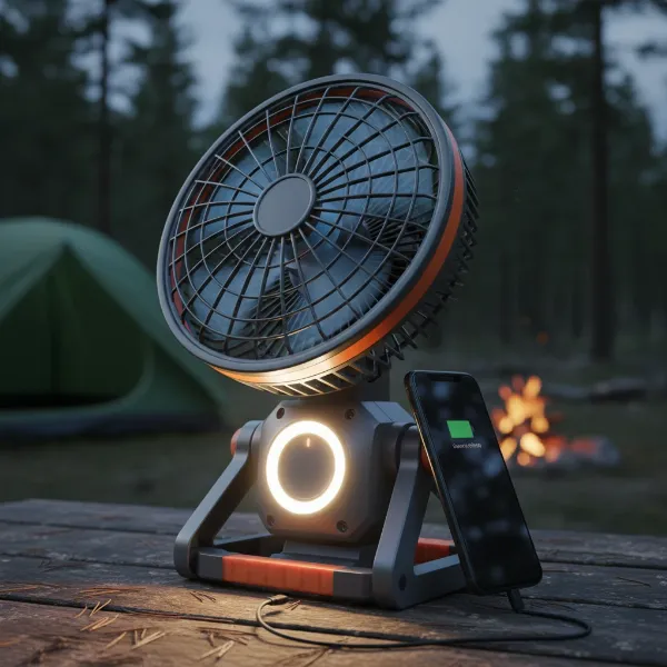 A multi-functional camping fan demonstrating its built-in light and power bank feature.