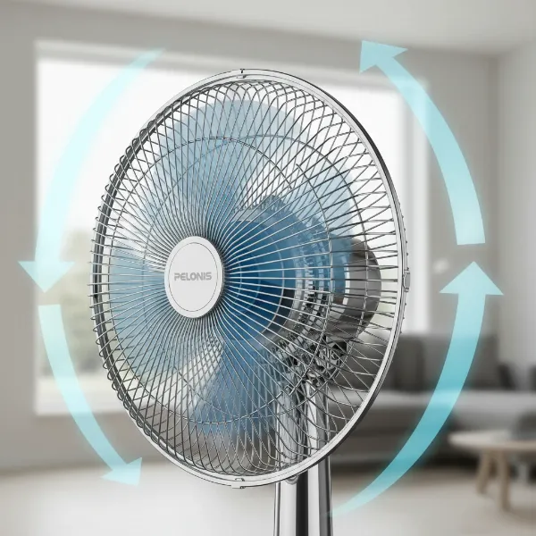 Close-up of Pelonis fan head demonstrating dynamic multi-directional oscillation for even air distribution