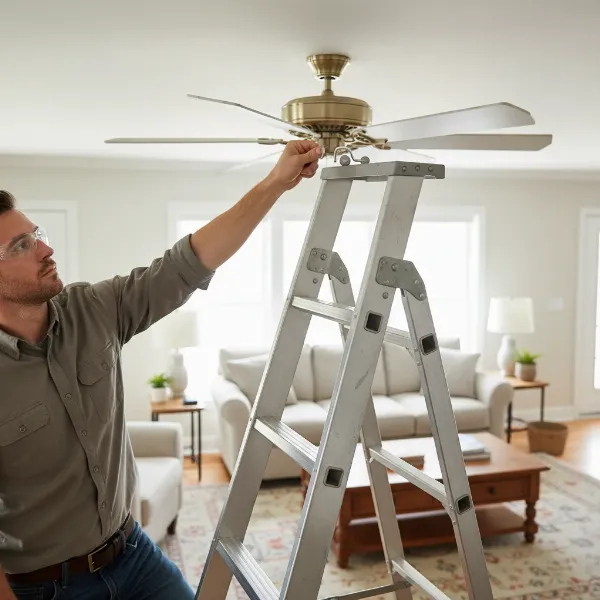 Person using a balancing kit to fix a wobbly ceiling fan blade.