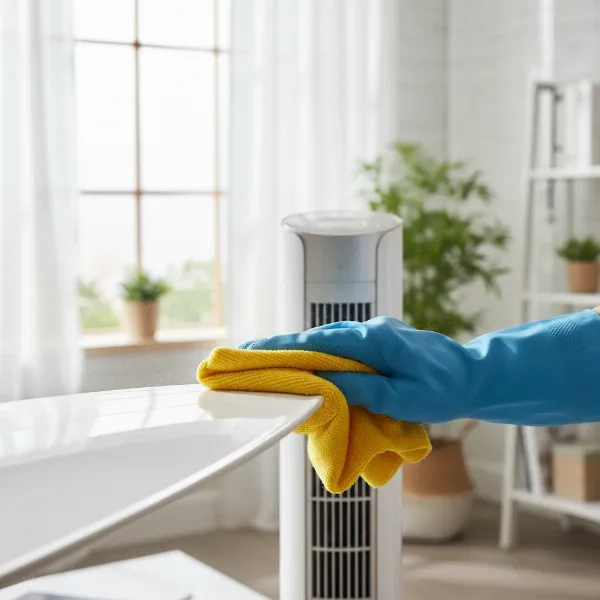A person's hand wiping dust from a fan blade, emphasizing improved efficiency and health.