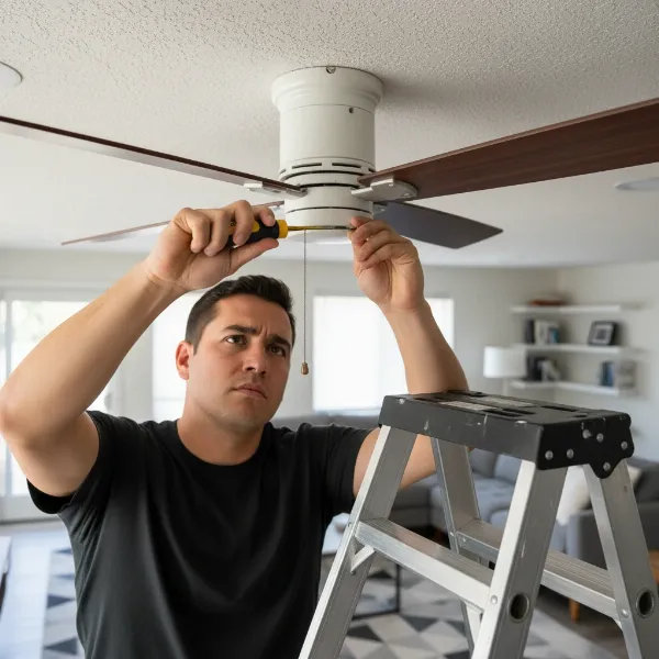A person on a ladder tightening screws on a ceiling fan blade holder, ensuring stability.