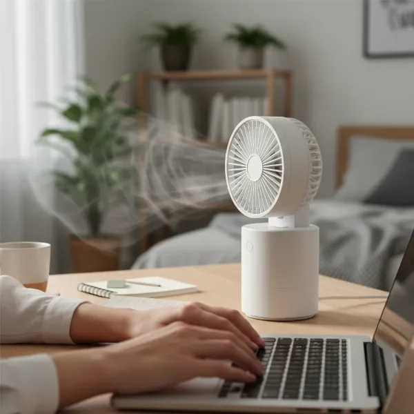 Compact portable desk fan providing direct, focused airflow to a person working at a desk.