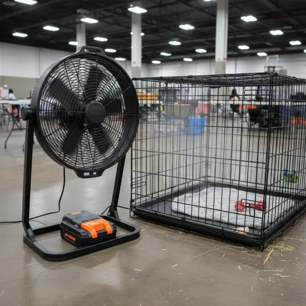 A robust, black portable standing fan positioned next to a large dog kennel, providing powerful airflow.