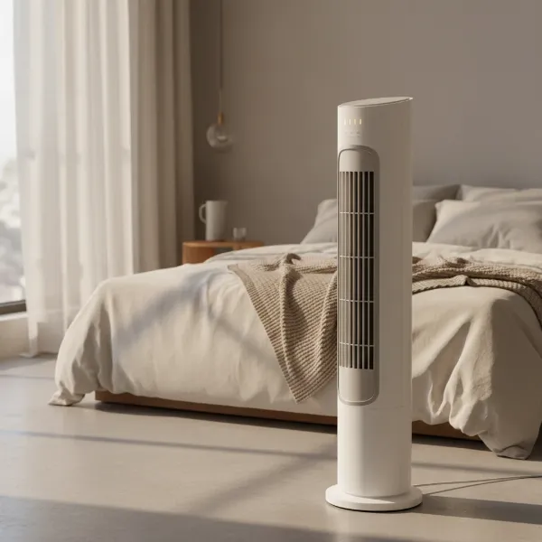 A modern, quiet electric fan provides a gentle breeze in a serene bedroom for restful sleep.