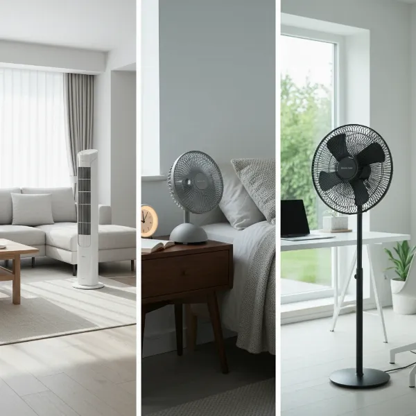 Various quiet electric fan types, including tower, pedestal, and table fans, cooling a modern home.