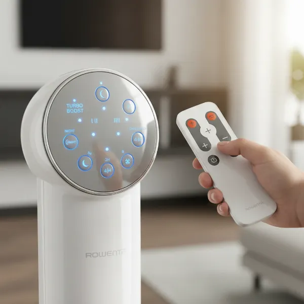 Rowenta Turbo Silence fan with remote control and control panel details