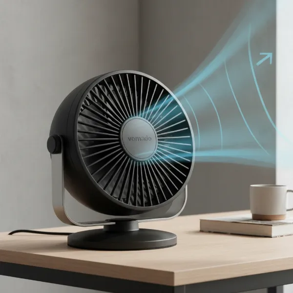 Close-up of Vornado 460 air circulator, highlighting compact design and adjustable head for airflow.