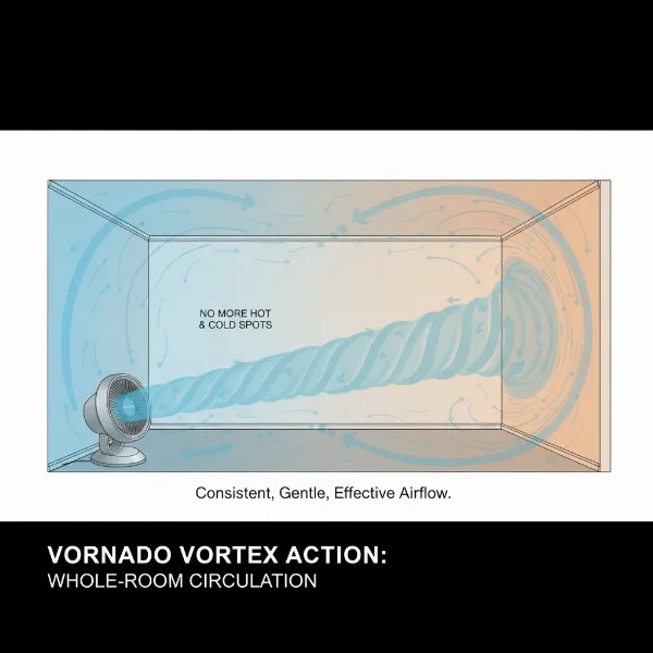 Diagram illustrating Vornado's whole-room air circulation using vortex action to eliminate hot and cold spots.