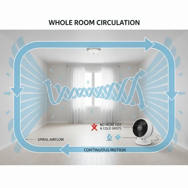 Diagram showing Vornado's Vortex Technology circulating air in a room.
